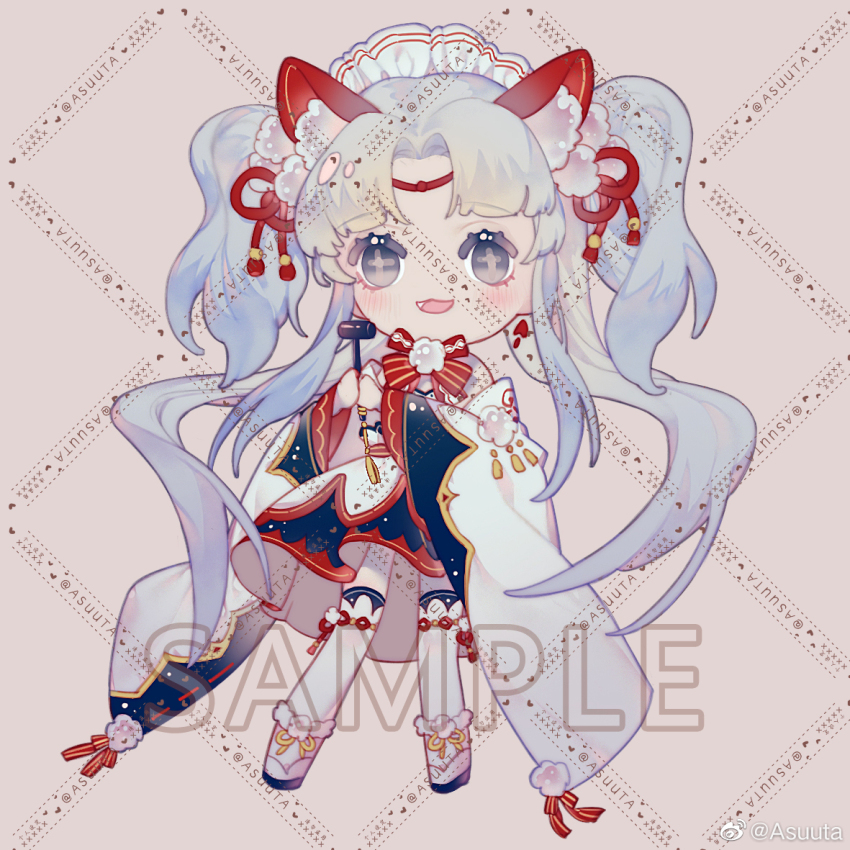 +_+ 1girl animal_ear_fluff animal_ears asuuta bare_shoulders blue_dress blue_eyes blue_hair blue_theme blunt_bangs boots bow bowtie brown_background cat_ears chibi chinese_commentary circlet commentary_request commission detached_sleeves dress eyelashes fang footwear_ribbon frilled_hairband frills fur-trimmed_boots fur_trim hair_ornament hair_ribbon hairband hammer happy holding holding_hammer layered_dress layered_legwear light_blush long_hair long_sleeves open_mouth original over-kneehighs parted_bangs pleated_dress pom_pom_(clothes) pom_pom_hair_ornament red_bow red_bowtie red_ribbon ribbon sample_watermark short_dress sidelocks simple_background sleeve_bow sleeveless sleeveless_dress smile socks solo standing starry_sky_print striped_bow striped_bowtie striped_clothes thighhighs too_many_watermarks twintails two_side_up very_long_hair watermark watermark_grid weibo_watermark white_boots white_dress white_hairband white_sleeves white_socks wide_sleeves yellow_ribbon
