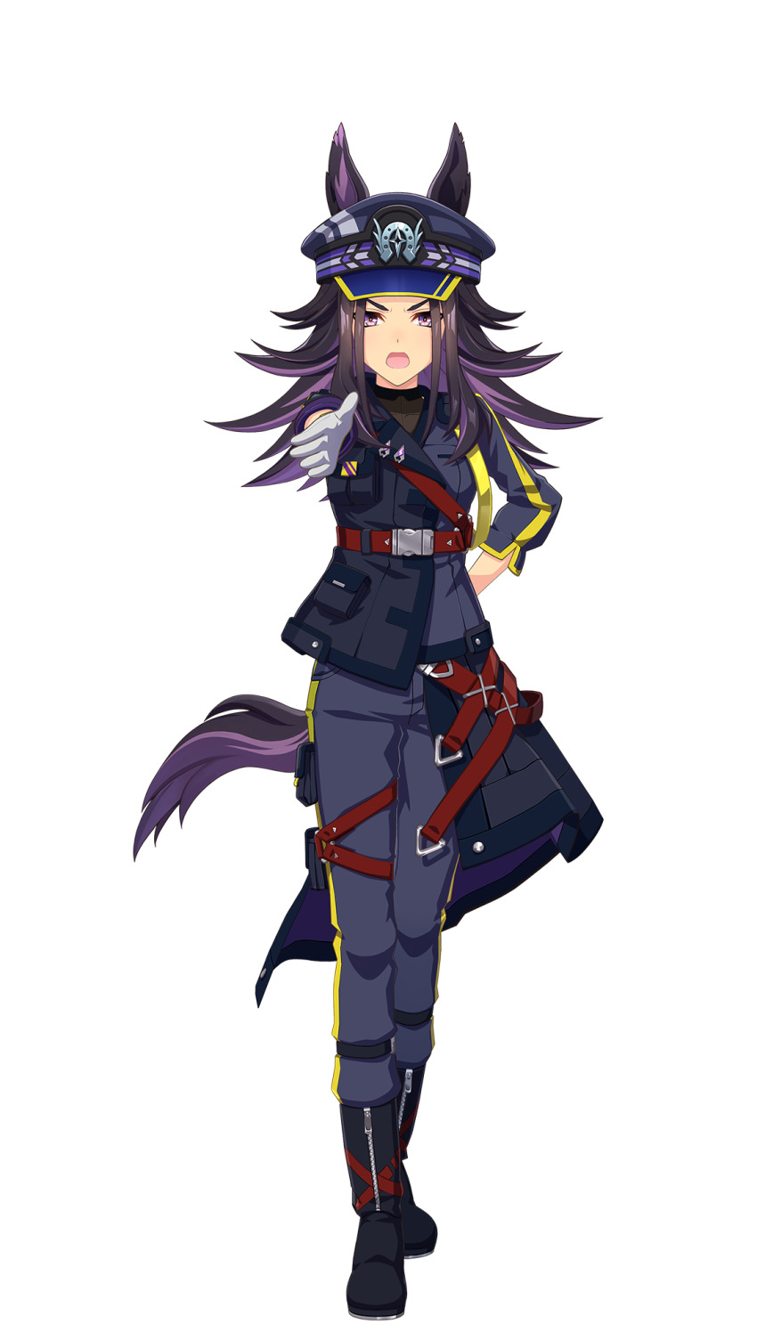 1girl 3d animal_ears belt black_boots black_hat black_jacket boots brown_belt fenomeno_(umamusume) game_model gloves grey_pants hat highres horse_ears horse_girl horse_tail jacket multicolored_hair multiple_belts official_art open_mouth outstretched_hand pants peaked_cap purple_eyes tail two-tone_hair umamusume white_gloves