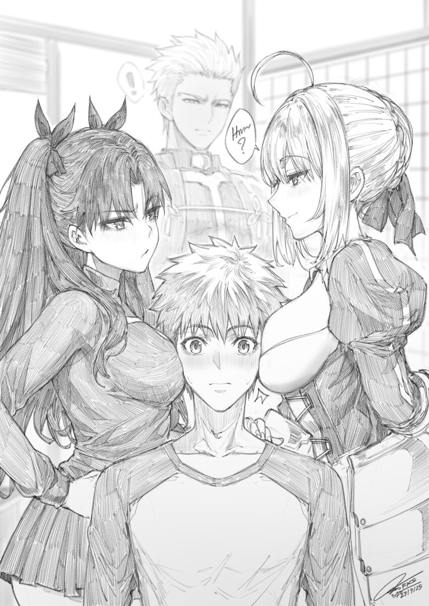 ! 2boys 2girls absurdres alternate_breast_size_(larger) archer_(fate) artoria_pendragon_(fate) breast_envy breasts commentary emiya_shirou english_commentary eye_contact fate/stay_night fate_(series) fkscrashing girl_sandwich greyscale hair_bun highres large_breasts looking_at_another medium_breasts monochrome multiple_boys multiple_girls open_clothes pleated_skirt revision saber_(fate) sandwiched skirt tohsaka_rin twintails