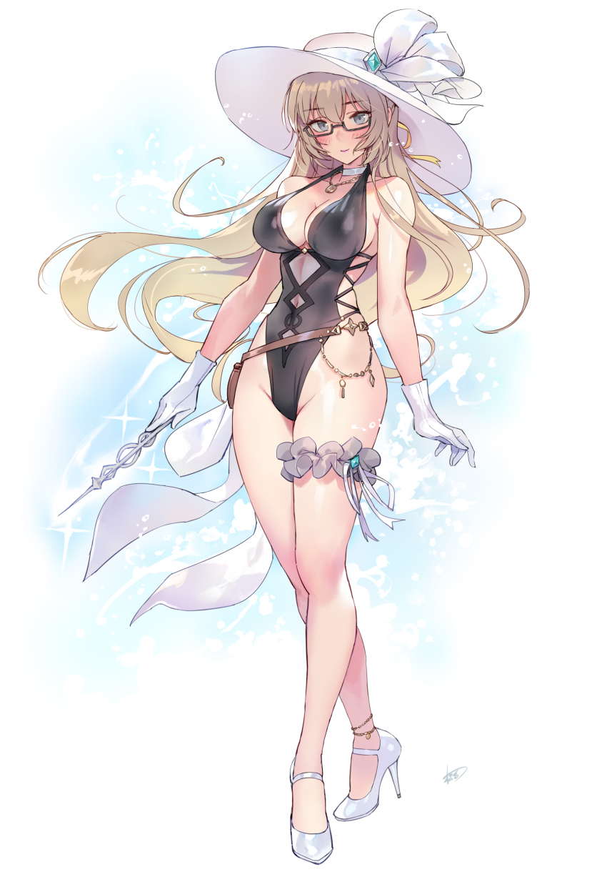 1girl absurdres black_one-piece_swimsuit blonde_hair blush breasts choker cleavage commission gloves grey_eyes hat high_heels highleg highleg_one-piece_swimsuit highres holding holding_wand looking_at_viewer matsuda_(matsukichi) one-piece_swimsuit original pixiv_commission side-tie_one-piece_swimsuit sidelocks signature sparkle swimsuit thigh_scrunchie wand wavy_hair white_gloves white_hat
