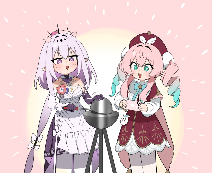2girls :d aqua_eyes aqua_hair bare_shoulders blue_bow blue_bowtie bow bowtie castorice_(honkai:_star_rail) cellphone commentary_request cowboy_shot demon_core dress drill_hair flasso gloves hair_between_eyes hair_intakes hat highres holding holding_phone holding_screwdriver honkai:_star_rail honkai_(series) hyacine_(honkai:_star_rail) long_sleeves multicolored_hair multiple_girls open_mouth phone pink_background pink_hair purple_eyes purple_gloves purple_hair red_dress red_hat screwdriver simple_background smartphone smile twin_drills twintails two-tone_hair white_dress