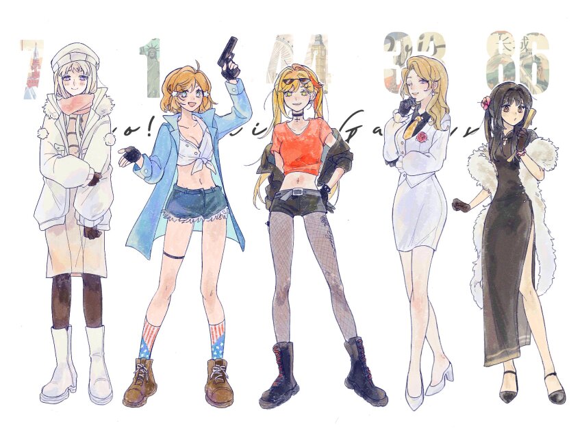 5girls america_(female)_(hetalia) axis_powers_hetalia black_hair blonde_hair blue_eyes boots brown_eyes china_(female)_(hetalia) china_dress chinese_clothes choker crop_top dress dress_suit earrings eyewear_on_head flower france_(female)_(hetalia) full_body fur-trimmed_jacket fur_shawl fur_trim genderswap genderswap_(mtf) gloves green_eyes gun hair_flower hair_ornament hairclip hat highres holding holding_gun holding_weapon jacket jewelry long_hair long_sleeves looking_at_viewer midriff multiple_girls navel necktie one_side_up open_clothes open_jacket open_mouth pantyhose purple_eyes russia_(female)_(hetalia) scarf scmoou shawl shirt shoes short_hair short_sleeves shorts simple_background skirt smile socks standing twintails united_kingdom_(female)_(hetalia) weapon white_background white_hair