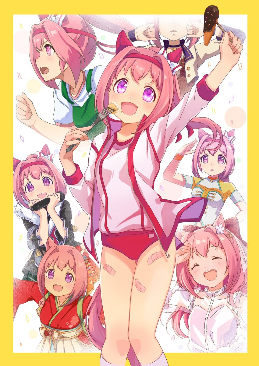 1girl :d ^_^ animal_ears arm_up bandaid bandaid_on_leg black_jacket border bow breasts buruma carrot closed_eyes commentary_request ear_bow feet_out_of_frame flower-shaped_pupils food food_on_face fork fur-trimmed_jacket fur_trim gym_shirt gym_uniform hair_between_eyes hair_intakes hairband hakama hakama_skirt haru_urara_(first_urara_saku_sakura)_(umamusume) haru_urara_(umamusume) highres holding holding_fork holding_microphone horse_ears horse_girl horse_tail jacket japanese_clothes kimono microphone moko39_takasora multiple_views open_clothes open_jacket open_mouth pink_hair ponytail puffy_short_sleeves puffy_sleeves purple_eyes race_bib red_buruma red_hairband red_kimono shirt short_sleeves skirt small_breasts smile starting_future_(umamusume) symbol-shaped_pupils tail umamusume v-shaped_eyebrows white_background white_bow white_hakama white_jacket white_shirt yellow_border