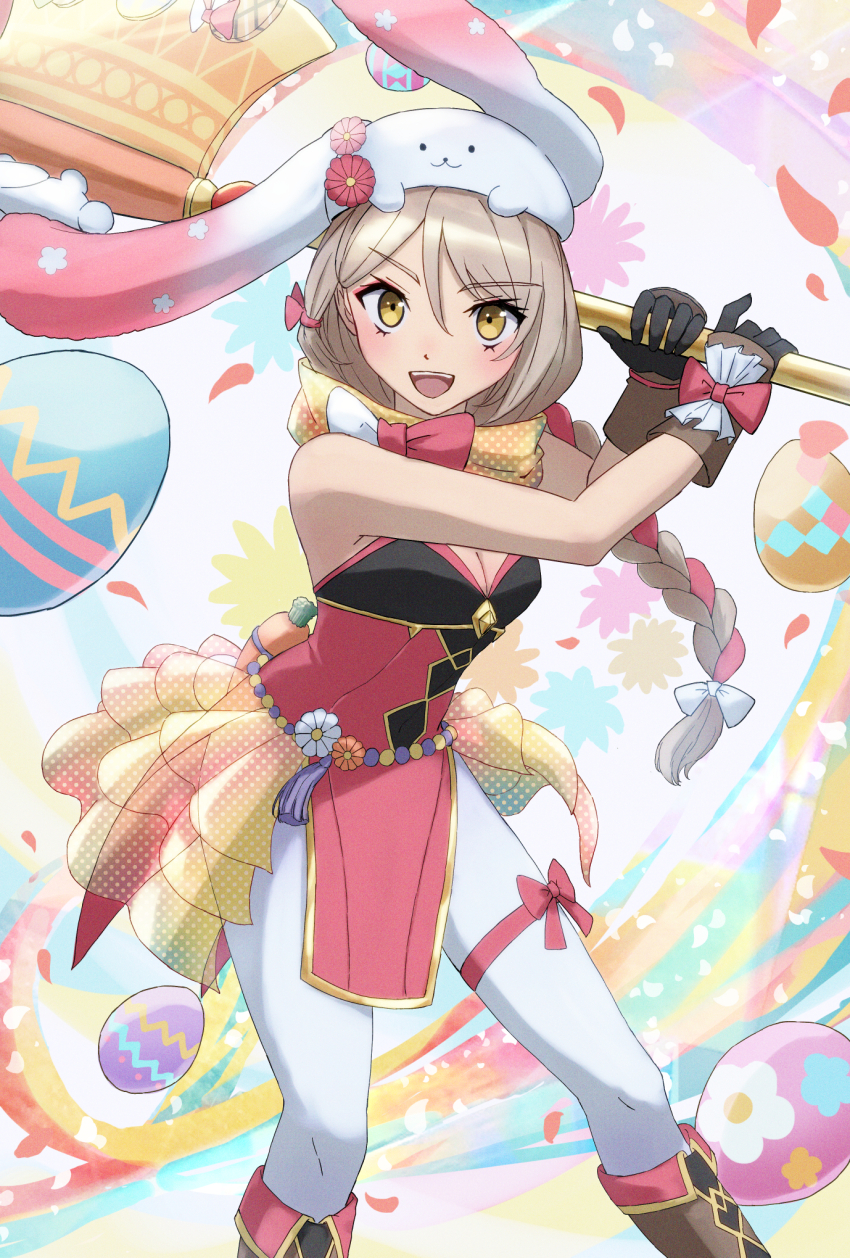 1girl animal_hat axe blonde_hair braid braided_ponytail brown_gloves easter easter_egg egg expressive_clothes falling_petals fire_emblem fire_emblem_engage fire_emblem_heroes flower_ornament framme_(fire_emblem) framme_(spring)_(fire_emblem) gloves hair_over_shoulder hat highres holding holding_axe miraioranji nintendo official_alternate_costume open_mouth pantyhose pelvic_curtain petals pink_hair polka_dot polka_dot_scarf rabbit_hat scarf smile solo teeth upper_teeth_only white_pantyhose yellow_eyes yellow_scarf