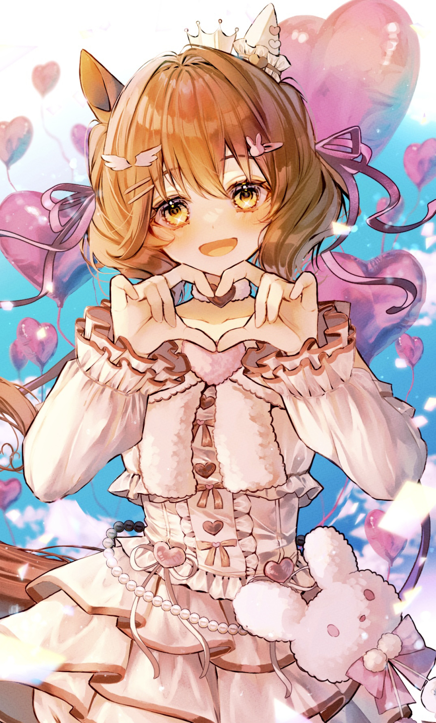 1girl four-finger_heart_hands animal_ears aston_machan_(everlasting_candy)_(umamusume) aston_machan_(umamusume) blush breasts brown_hair commentary_request green_eyes hair_between_eyes hair_ornament heart heart_hands highres horse_ears horse_girl horse_tail looking_at_viewer medium_breasts medium_hair official_alternate_costume open_mouth smile solo tail umamusume white_background xx_momomo_xx