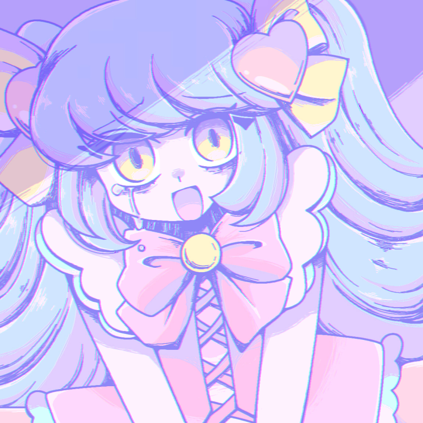 1girl :d bow bowtie crying dress hair_ornament heart heart_hair_ornament lobotomy_corporation long_hair magical_girl open_mouth pastel_colors pink_dress project_moon queen_of_hatred sad_smile smile solo tears twintails upper_body v_arms very_long_hair yazawa_mametarou yellow_eyes