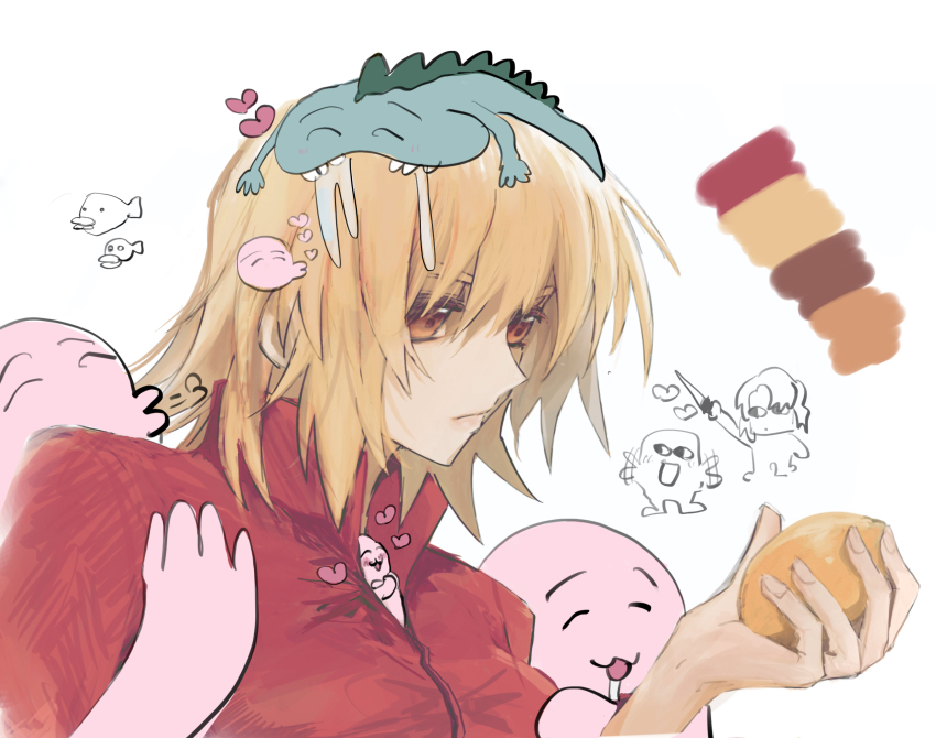1boy 1girl athrun_zala blonde_hair cagalli_yula_athha creature_on_head doodle_inset drooling food fruit gundam gundam_seed heart highres holding holding_food holding_fruit kiss lemon medium_hair orange_eyes she_(morianosu) shirt simple_background white_background
