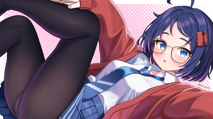 1girl absurdres ahoge black_pantyhose blue_eyes blue_hair blue_necktie blue_skirt blush cardigan claw_hair_clip commentary_request glasses highres knee_up long_sleeves looking_at_viewer lying mila_(miside) miside mita_(miside) n2o necktie on_back open_cardigan open_clothes open_mouth pantyhose pleated_skirt polka_dot polka_dot_background red_cardigan shirt shirt_tucked_in short_hair simple_background skirt solo white_shirt