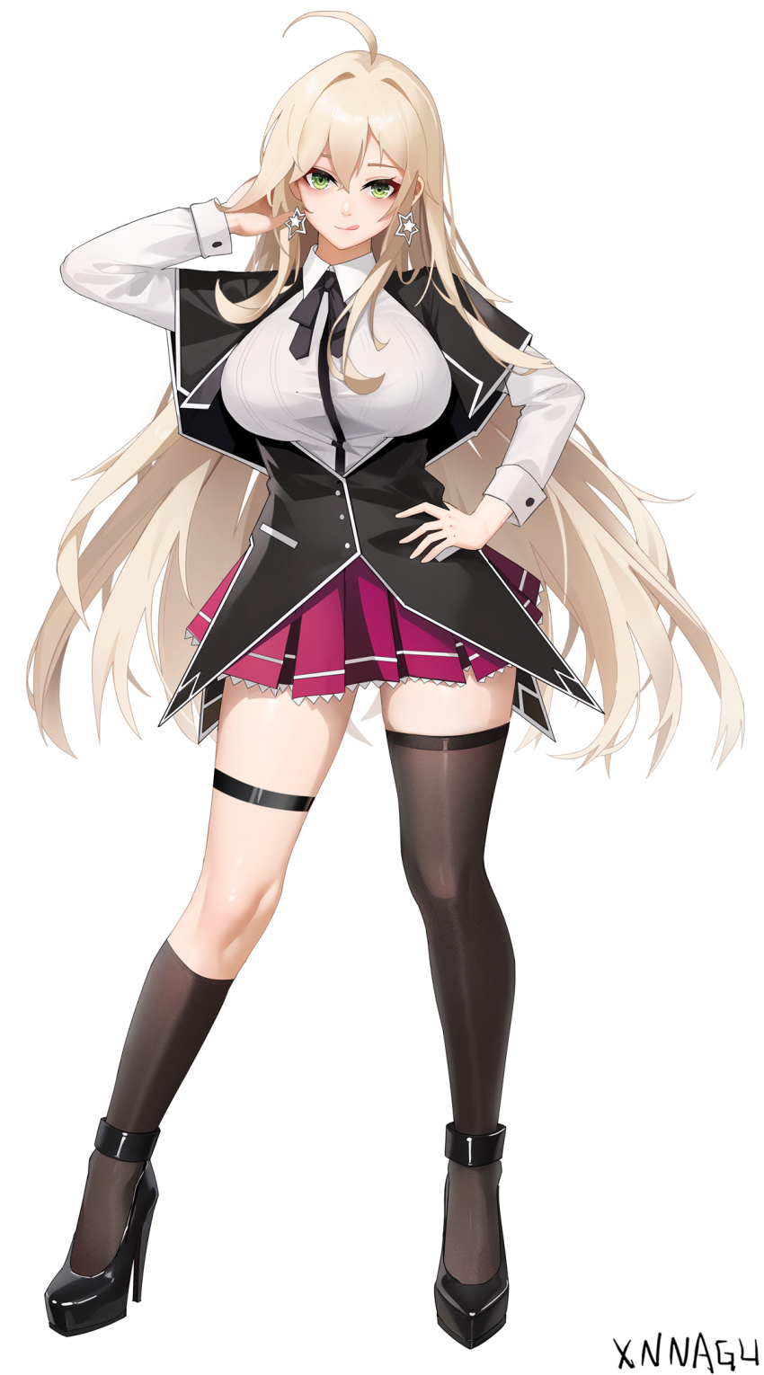 1girl ahoge black_bow black_bowtie black_shoes black_socks black_thighhighs blonde_hair bow bowtie breasts chinese_commentary collared_shirt commentary_request cosplay earrings frilled_skirt frills green_eyes high_heels high_school_dxd highres jewelry kuoh_academy_school_uniform large_breasts long_hair looking_at_viewer miniskirt missouri_(warship_girls_r) patent_heels pink_skirt pumps rias_gremory rias_gremory_(cosplay) school_uniform shirt shoes single_sock single_thighhigh skirt smile socks solo star_(symbol) star_earrings thigh_strap thighhighs tongue tongue_out very_long_hair warship_girls_r white_shirt xnnagu zettai_ryouiki