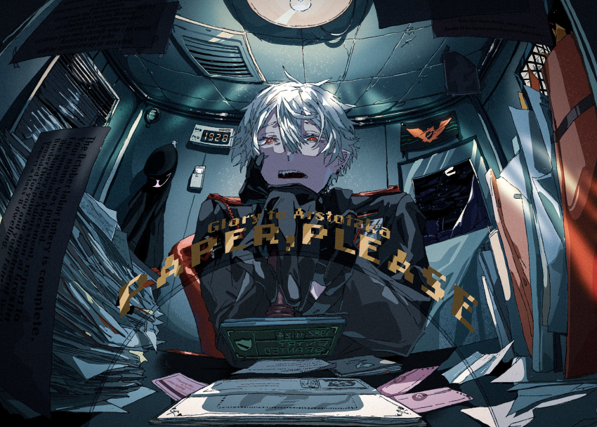 1boy antenna_hair black_gloves black_hat crack cracked_ceiling door ear_piercing earrings film_grain fisheye flag gloves hair_between_eyes half-closed_eyes hat head_rest highres hino_tsukasa holding jewelry kuzuha_(nijisanji) male_focus nijisanji open_mouth paper papers_please passport piercing red_eyes sharp_teeth solo tape teeth uniform unworn_hat unworn_headwear upper_teeth_only vampire virtual_youtuber white_hair