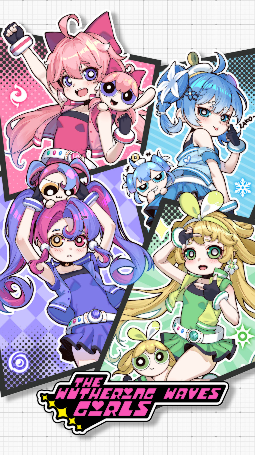 6+girls absurdres ahoge armpits bare_shoulders belt black_choker black_gloves blonde_hair blue_dress blue_eyes blue_hair blue_jacket bow bow_hairband breasts carrying_overhead checkered_background chibi choker commentary_request cosplay dress eien_no_24-sai_no_shakai_hito encore_(wuthering_waves) finger_to_eye fingerless_gloves flower gloves green_dress green_eyes green_hairband green_jacket hair_bow hair_flower hair_ornament hairband hand_up heterochromia highres jacket long_hair looking_at_viewer multicolored_hair multiple_girls open_mouth pink_dress pink_eyes pink_hair pink_jacket powerpuff_girls_z purple_dress purple_eyes purple_jacket roccia_(wuthering_waves) sleeveless sleeveless_dress sleeveless_jacket small_breasts smile teeth tongue tongue_out twintails upper_teeth_only verina_(wuthering_waves) wuthering_waves yellow_eyes youhu_(wuthering_waves)