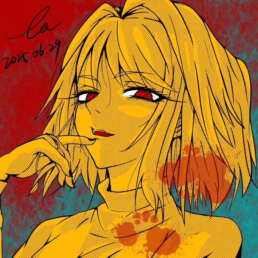 1girl 568788214 arcueid_brunestud blood blood_splatter blood_stain finger_to_mouth floating_hair highres looking_at_viewer melty_blood red_eyes short_hair smile sweater tsukihime turtleneck turtleneck_sweater upper_body vampire
