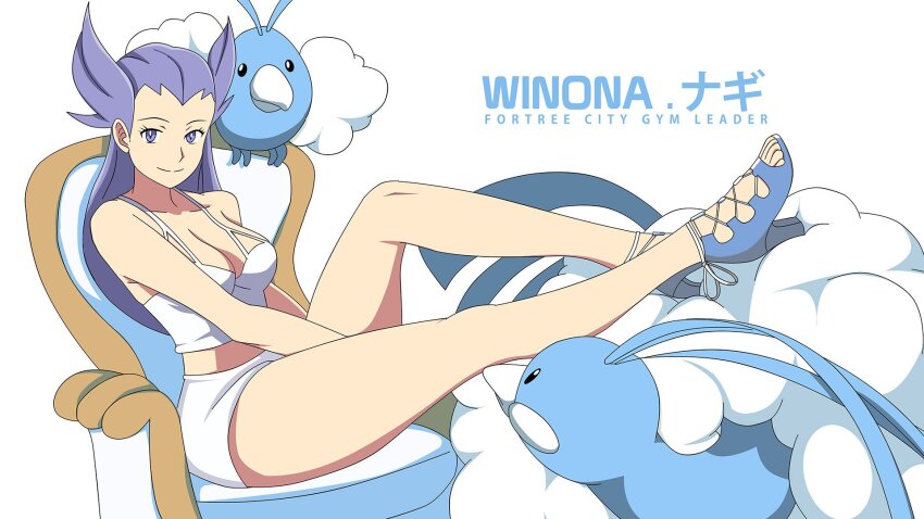1girl altaria artist_collaboration beak blue_footwear breasts chair character_name cleavage commentary crop_top english_commentary english_text evolutionary_line fluff fluffy gen_3_pokemon high_heels highres jhonb long_hair nintendo pointy_hair pokemon pokemon_(creature) pokemon_rse purple_eyes purple_hair shorts sleepwear swablu vivivoovoo white_beak white_shorts winona_(pokemon)