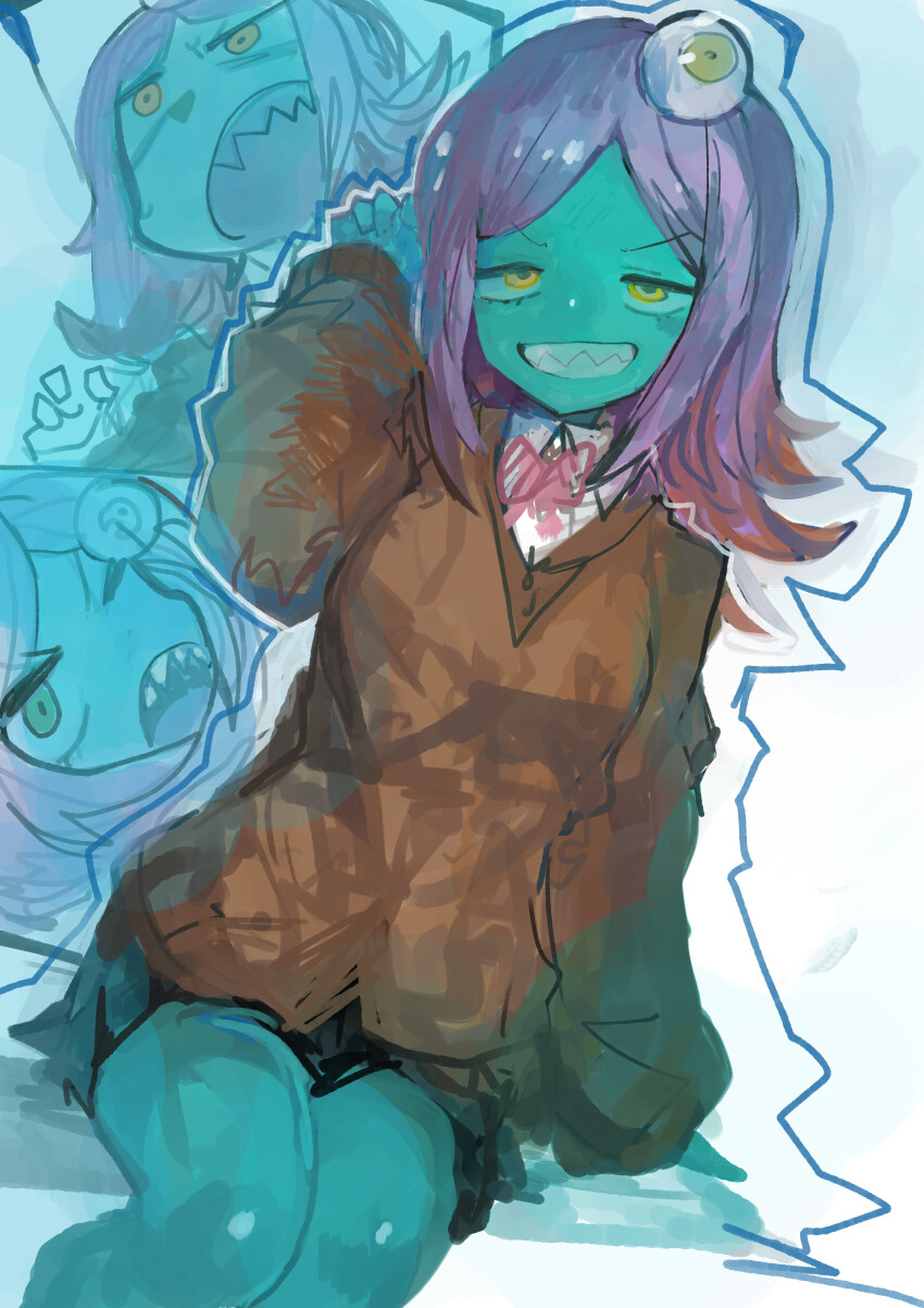 1girl absurdres black_skirt blue_skin brown_cardigan cardigan colored_skin eyeball_hair_ornament grin hair_ornament highres kaamin_(mariarose753) long_hair long_sleeves looking_at_viewer midori_(uchuu_patrol_luluco) multiple_views one_eye_closed open_mouth pleated_skirt purple_hair school_uniform sharp_teeth shirt sitting skirt smile teeth uchuu_patrol_luluco white_shirt yellow_eyes