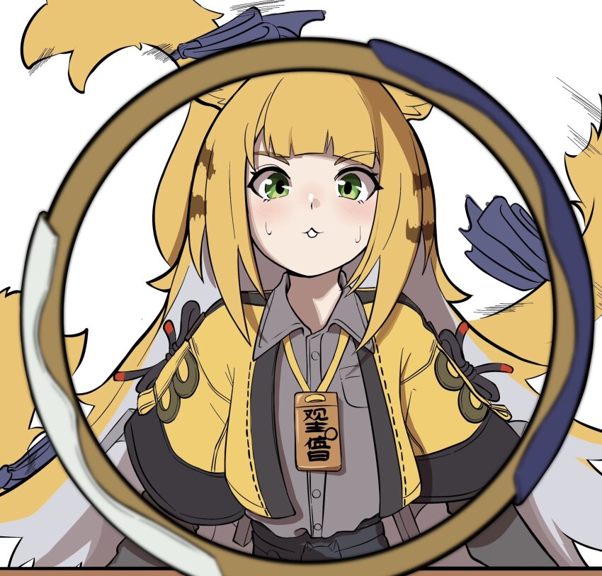 1girl afterimage animal_ear_fluff animal_ears blonde_hair blurry blurry_foreground bow colored_inner_hair commentary_request green_eyes grey_shirt high-waist_shorts highres jacket ju_fufu long_hair looking_at_viewer medallion motion_lines multicolored_hair orange_fur parted_lips potyaskeleton shirt shorts solo striped_fur striped_hair sweat tail tail_bow tail_ornament tiger_ears tiger_girl tiger_stripes tiger_tail upper_body v-shaped_eyebrows yellow_jacket zenless_zone_zero