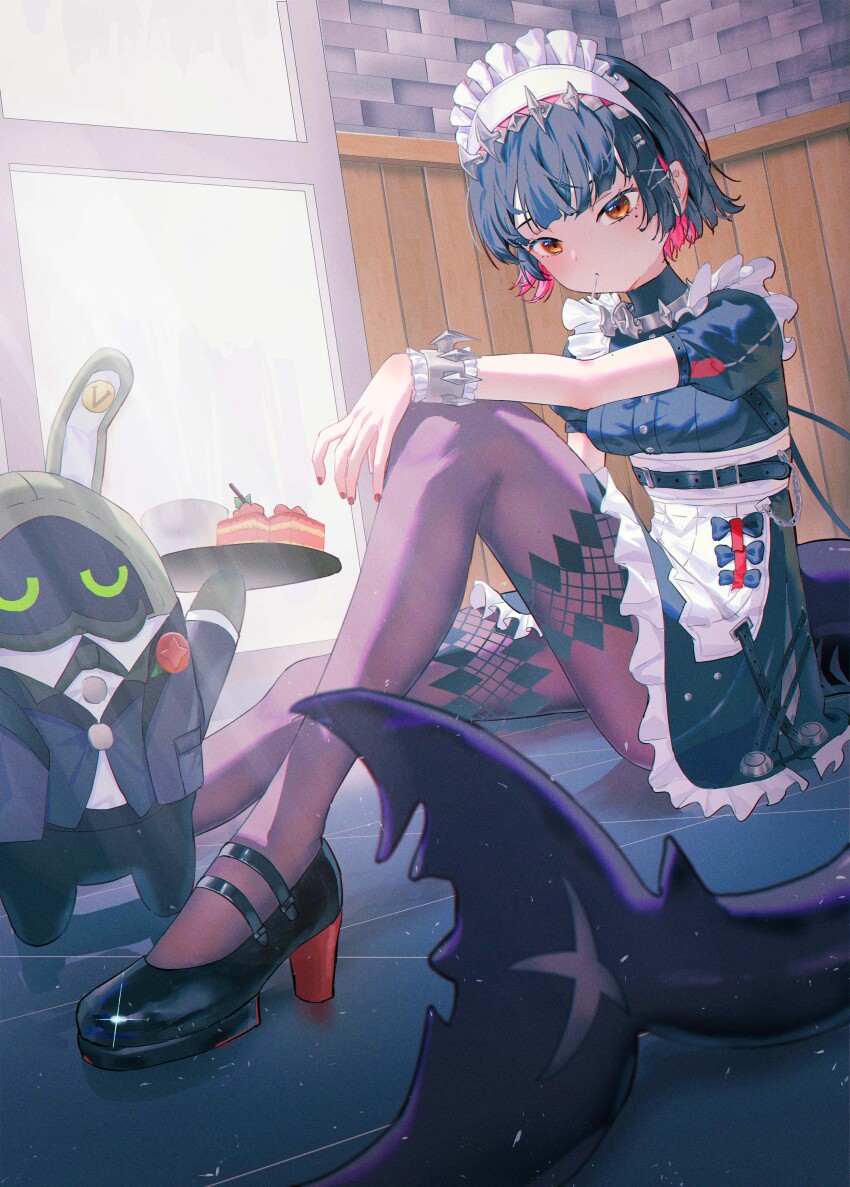 1girl absurdres black_dress black_footwear black_hair breasts brown_pantyhose cake closed_mouth colored_inner_hair commentary_request dress ellen_joe fins fish_tail food high_heels highres holding holding_tray indoors knee_up looking_ahead maid maid_headdress medium_breasts mole mole_under_eye mouth_hold multicolored_hair pantyhose pink_hair puffy_short_sleeves puffy_sleeves red_eyes shark_tail short_sleeves sitting solo tail tray wrist_cuffs xin1 zenless_zone_zero