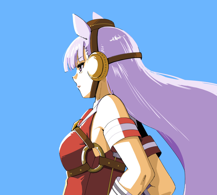 1girl absurdres animal_ears armband bare_shoulders blue_background breasts brown_hat commentary_request dress ear_covers from_side gold_ship_(umamusume) hat highres horse_ears horse_girl itsumeee3 long_hair medium_breasts parted_lips pillbox_hat purple_eyes purple_hair red_armband red_dress simple_background sleeveless sleeveless_dress solo umamusume upper_body