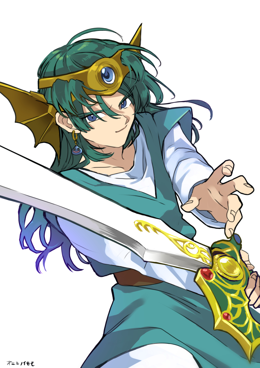 1boy absurdres animal_ears belt blue_eyes blue_tunic brown_belt character_ear_piercing circlet dragon_ears dragon_quest dragon_quest_iv earrings fake_animal_ears green_hair hero_(dq4) highres holding holding_sword holding_weapon jewelry long_hair looking_at_viewer male_focus momoiito simple_background slime_(dragon_quest) smile solo sword tunic v-shaped_eyebrows weapon white_background