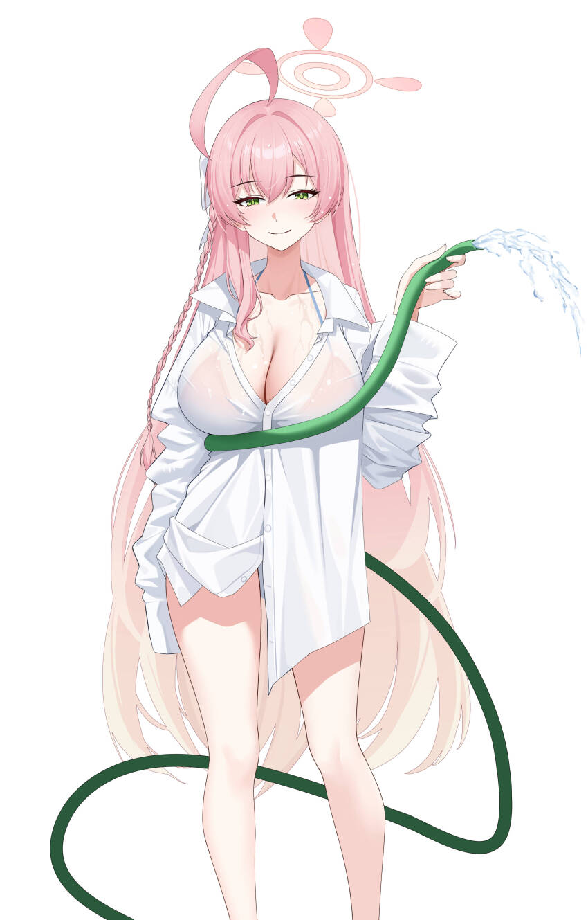 1girl absurdres ahoge alternate_breast_size bare_legs bikini bikini_under_clothes blue_archive blush bow braid breasts chimera_(ming_he_haizhe) cleavage collarbone collared_shirt commentary feet_out_of_frame green_eyes hair_between_eyes hair_bow halo hanako_(blue_archive) hanako_(swimsuit)_(blue_archive) highres holding holding_hose hose huge_ahoge large_breasts long_hair long_sleeves looking_at_viewer official_alternate_costume oversized_clothes oversized_shirt partially_unbuttoned pink_bikini pink_hair pink_halo see-through_clothes shirt side_braid simple_background single_braid sleeves_past_wrists smile solo standing swimsuit very_long_hair water wet wet_clothes wet_shirt white_background white_bow white_shirt