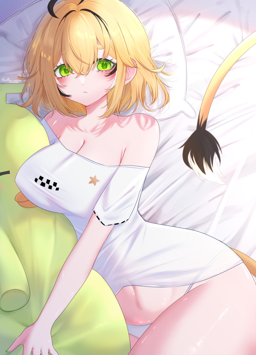 1girl absurdres ahoge blonde_hair breasts cleavage closed_mouth dooby_(vtuber) highres indie_virtual_youtuber large_breasts looking_at_viewer lying mouse_girl mouse_tail on_side panties shirt short_hair sillymyne solo tail underwear virtual_youtuber white_panties white_shirt