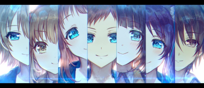 3boys 4girls black_hair blue_eyes brown_eyes brown_hair close-up highres hiradaira_chisaki hisanuma_sayu isaki_kaname kihara_tsumugu letterboxed long_hair looking_at_viewer mukaido_manaka multiple_boys multiple_girls nagi_no_asukara sakishima_hikari shigaraki_(strobe_blue) shiodome_miuna short_hair split_theme
