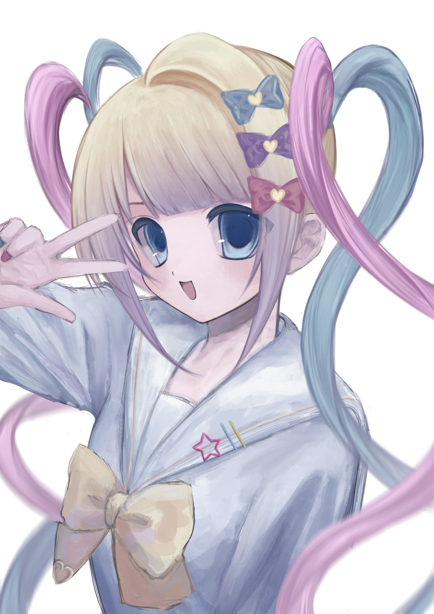1girl 2000s_(style) :d absurdres blonde_hair blue_bow blue_eyes blue_hair bow chouzetsusaikawa_tenshi-chan commentary_request hair_bow hand_up highres long_hair looking_at_viewer multicolored_hair needy_girl_overdose nemu_(zutto_oyasu3) open_mouth pink_bow pink_hair purple_bow quad_tails simple_background smile solo upper_body very_long_hair w w_over_eye white_background yellow_bow