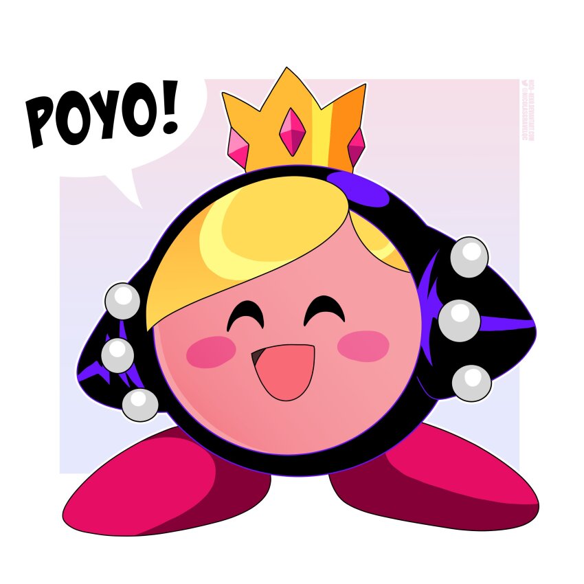 ^_^ absurdres black_bodysuit blonde_hair blush_stickers bodysuit closed_eyes colored_skin copy_ability cosplay crossover crown gem happy highres hood hood_up kirby kirby_(series) latex latex_bodysuit mario_(series) mario_power_tennis mario_tennis mini_crown nico-neko nintendo pink_gemstone pink_skin purple_bodysuit red_footwear swept_bangs transformation warupeach warupeach_(cosplay)