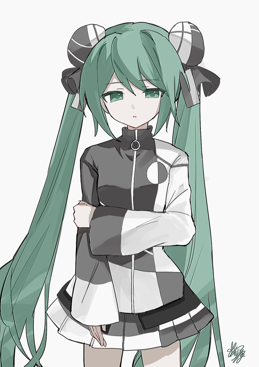 1girl aqua_eyes aqua_hair conflict_(module) expressionless facing_viewer hair_between_eyes hair_ornament hatsune_miku highres jacket long_sleeves miniskirt multicolored_jacket project_diva_(series) signature skirt twintails two-tone_jacket two-tone_skirt ura-omote_lovers_(vocaloid) vocaloid yukia_1128 zipper_pull_tab