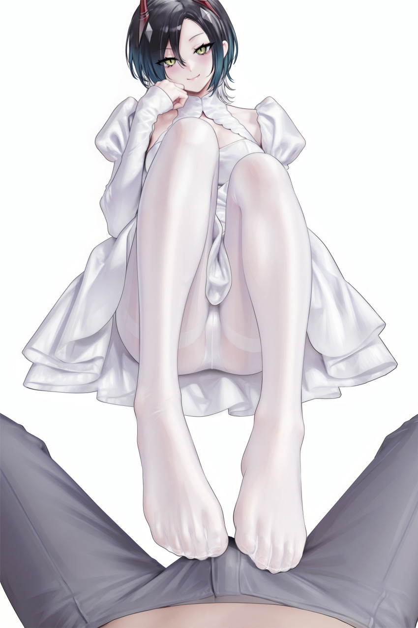 1girl absurdres azur_lane black_hair bulge erection erection_under_clothes feet highres light_blush looking_at_viewer medium_hair panties panties_under_pantyhose pantyhose pantyshot smile toes ulrich_von_hutten_(azur_lane) underwear white_pantyhose yanagi_(yan-agi) yellow_eyes