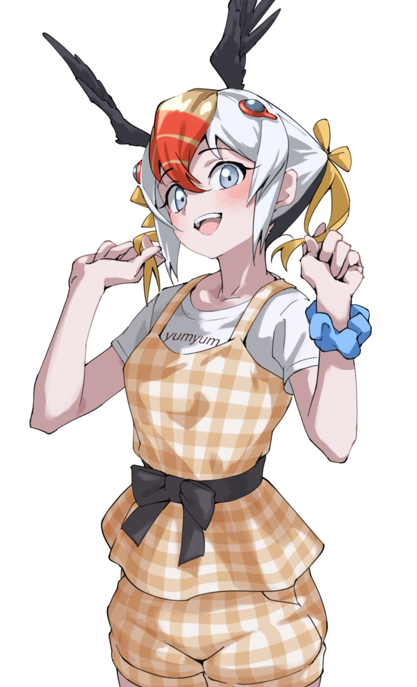1girl absurdres belt bird_girl bird_wings black_belt black_bow black_hair blonde_hair blue_eyes blush bow commentary_request hair_between_eyes hair_bow head_wings highres kemono_friends kemono_friends_3 looking_at_viewer multicolored_hair open_mouth orange_hair orange_overalls overalls plaid_clothes plaid_overalls plaid_shirt plaid_shorts scrunchie shirt short_hair short_sleeves shorts smile solo t-shirt tanabe_(fueisei) tufted_puffin_(kemono_friends) white_hair white_shirt wings wrist_scrunchie yellow_bow
