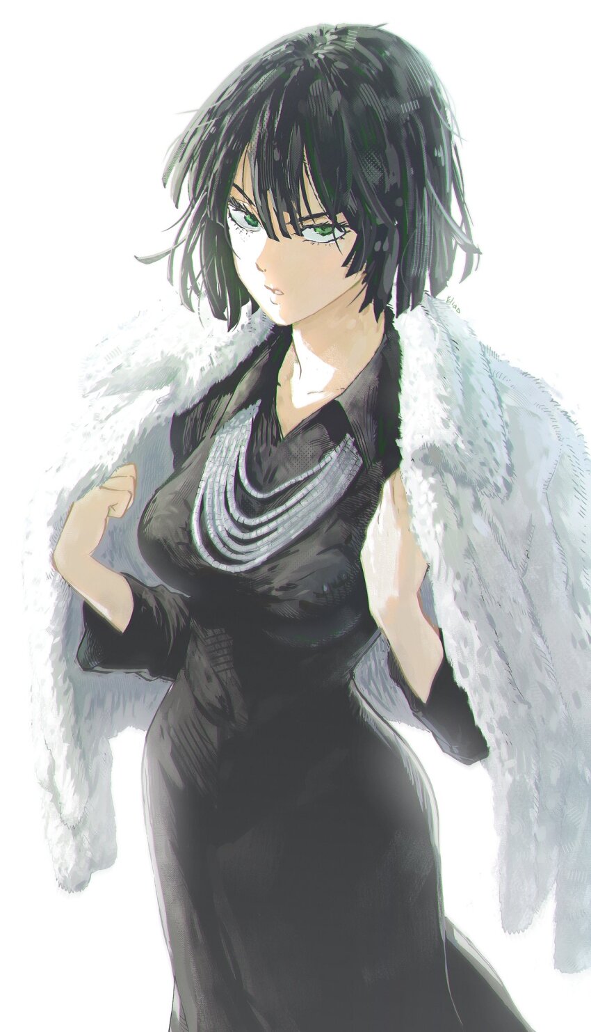 1girl black_dress coat commentary dark_green_hair dress eliasdessin fubuki_(one-punch_man) fur_coat fur_jacket green_eyes green_hair highres impossible_clothes impossible_dress jacket jacket_on_shoulders jewelry looking_at_viewer necklace one-punch_man open_mouth short_hair simple_background skin_tight solo taut_clothes taut_dress white_background