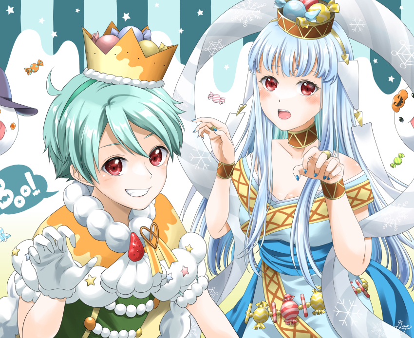 1boy 1girl aqua_background aqua_hair blue_hair breasts brother_and_sister cleavage collarbone commentary_request fire_emblem fire_emblem:_the_blazing_blade fire_emblem_heroes gloves halloween halloween_costume highres long_hair medium_breasts midori_no_baku nils_(fire_emblem) nils_(halloween)_(fire_emblem) ninian_(fire_emblem) ninian_(halloween)_(fire_emblem) nintendo official_alternate_costume open_mouth outstretched_arms red_eyes short_hair siblings smile striped_background teeth upper_body upper_teeth_only white_gloves zombie_pose