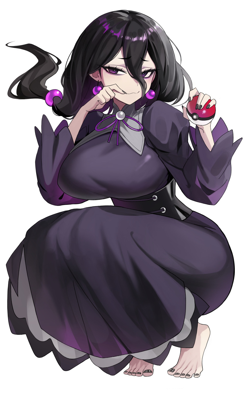 1girl absurdres bags_under_eyes barefoot black_dress black_hair breasts dress earrings hair_between_eyes hex_maniac_(pokemon) hex_maniac_(pokemon_legends:_z-a) highres jewelry kiritzugu large_breasts long_hair long_sleeves looking_at_viewer nail_polish nintendo pokemon pokemon_legends:_z-a purple_eyes purple_ribbon ribbon smile solo sphere_earrings