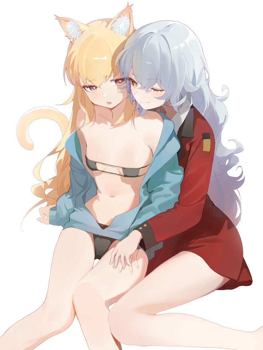 2girls absurdres animal_ears bare_legs bikini black_bikini blonde_hair cat_ears cat_girl cat_tail grey_hair highres jacket multiple_girls one_eye_closed red_jacket smile swimsuit tail tongue tongue_out yuri