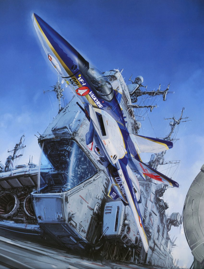 1980s_(style) absurdres aircraft airplane choujikuu_yousai_macross cloud cockpit day flying helmet highres jet macross mecha no_humans non-web_source official_art oldschool pilot pilot_suit radar realistic retro_artstyle robot scan science_fiction sdf-1 spacecraft tenjin_hidetaka u.n._spacy vehicle_focus vf-1