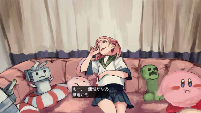1girl character_doll commentary_request couch creeper fake_video feet_out_of_frame green_sailor_collar hair_bobbles hair_ornament hand_on_own_stomach hand_up indoors innertube kantai_collection ken_sogen kirby kirby_(series) medium_hair minecraft nintendo on_couch open_mouth pink_hair pleated_skirt red_eyes rensouhou-chan sailor_collar sazanami_(kancolle) school_uniform serafuku shirt short_sleeves sitting skirt smile solo subtitled swim_ring tears translation_request twintails white_shirt wiping_tears
