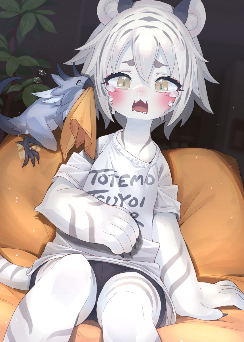 1girl black_hair black_shorts blush brown_eyes claws commentary_request crying furry furry_female hair_between_eyes highres multicolored_hair narumi_arata open_mouth original shirt short_sleeves shorts sitting snot solo two-tone_hair white_hair white_shirt