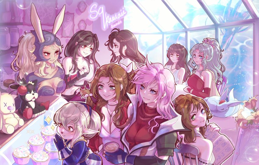 6+girls aerith_gainsborough animal_ears armor bare_shoulders black_bra black_gloves black_hair blonde_hair blue_cardigan blue_eyes bra braid braided_ponytail breasts brown_hair cait_sith_(final_fantasy) cape carbuncle_(final_fantasy) cardigan choker cleavage crop_top crown cup dark-skinned_female dark_skin detached_sleeves dress elbow_gloves final_fantasy final_fantasy_ix final_fantasy_vi final_fantasy_vii final_fantasy_viii final_fantasy_x final_fantasy_xi final_fantasy_xii final_fantasy_xiii fingerless_gloves flower flower_choker fraeyjart fran_(ff12) garnet_til_alexandros_xvii gloves green_eyes green_hair grey_hair hair_between_eyes hair_ribbon helmet heterochromia highres holding holding_cup jacket japanese_clothes jewelry large_breasts lightning_farron lily_(flower) medium_breasts medium_hair midriff mini_crown moogle multiple_girls navel necklace nontraditional_miko parted_bangs parted_lips pauldrons pink_dress pink_hair pink_ribbon pointy_ears ponytail rabbit_ears rabbit_girl reading red_dress red_eyes red_jacket red_sweater ribbon ring ring_necklace rinoa_heartilly shantotto shirt short_hair shoulder_armor sidelocks single_braid single_pauldron smile sparkle sports_bra strapless strapless_dress stuffed_animal stuffed_toy suspenders sweater tarutaru tifa_lockhart tina_branford tube_dress underwear viera wavy_hair white_shirt x_x yellow_cape yellow_flower yuna_(ff10)