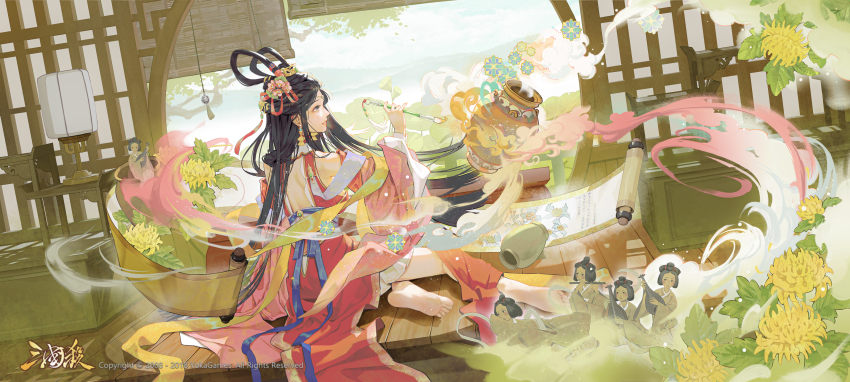 5girls absurdres barefoot black_hair calligraphy_brush character_request chinese_clothes cloud commentary_request copyright_name copyright_notice earrings flower hair_ornament hair_rings highres holding holding_calligraphy_brush holding_paintbrush jewelry lantern legend_of_the_three_kingdoms long_hair moon_gate multiple_girls official_art paintbrush parted_lips sa_si_qierde sitting soles solo_focus tassel tassel_hair_ornament xiangyun yellow_flower yokozuwari