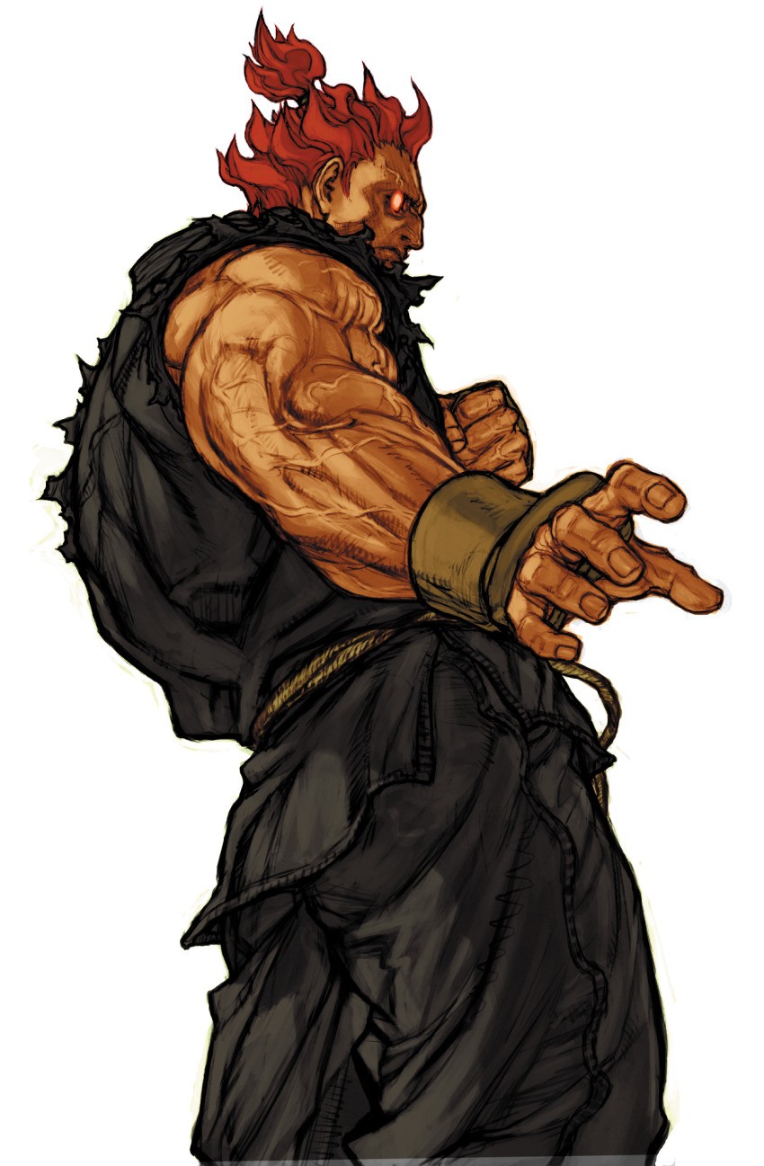 1boy akuma_(street_fighter) black_dougi capcom capcom_vs_snk capcom_vs_snk_2 clenched_hand dougi facing_to_the_side fingerless_gloves from_below game_cg gloves glowing glowing_eyes highres male_focus mma_gloves muscular muscular_male nishimura_kinu non-web_source official_art outstretched_arm outstretched_hand red_eyes red_hair rope_belt sleeveless solo street_fighter topknot torn_clothes torn_sleeves veins veiny_arms veiny_face white_background