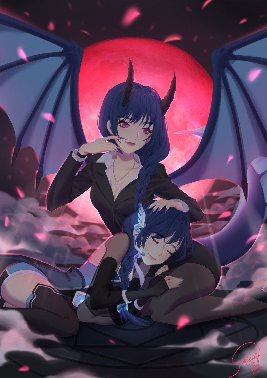 2girls absurdres alter/ego alys blue_hair blue_nails braid breasts claws cleavage dragon_horns dragon_tail dragon_wings fingernails formal_clothes highres horns lipstick long_fingernails makeup moon multiple_girls nail_polish purple_eyes purple_lips purple_nails red_moon saphirya single_braid single_horn suit tail voxwave wings
