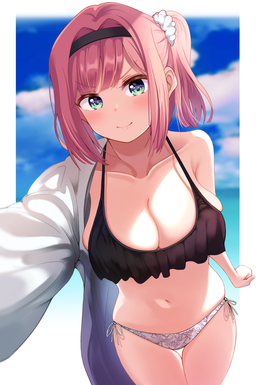 1girl absurdres bikini black_hairband blue_sky breasts cleavage cloud commentary_request cowboy_shot green_eyes hair_intakes hairband highres large_breasts mismatched_bikini mochizuki_momiji new_game! one_side_up pink_hair selfie sh1m4o side-tie_bikini_bottom sky smug solo swimsuit thigh_gap