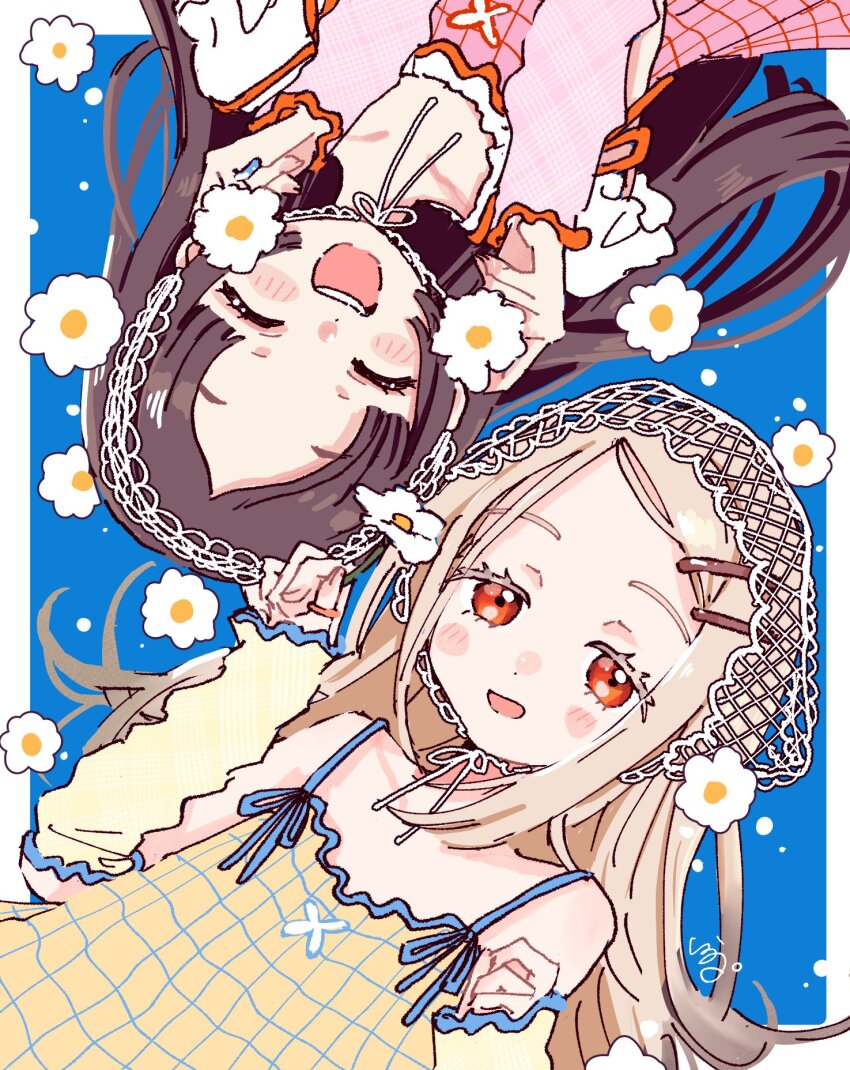 2girls bare_shoulders blonde_hair blue_background blue_trim blush border brown_hair closed_eyes collarbone colored_eyelashes detached_sleeves dot_nose dress flat_chest flipped_hair flower gakuen_idolmaster hair_ornament hairclip hands_up headdress highres idolmaster jewelry kuramoto_china long_hair long_sleeves looking_at_viewer multiple_girls open_mouth outside_border parted_bangs pink_dress plaid_clothes plaid_dress red_eyes ring shinosawa_hiro signature sleeveless sleeveless_dress smile syrup7979 teeth upper_teeth_only upside-down white_border white_flower yellow_dress yellow_sleeves