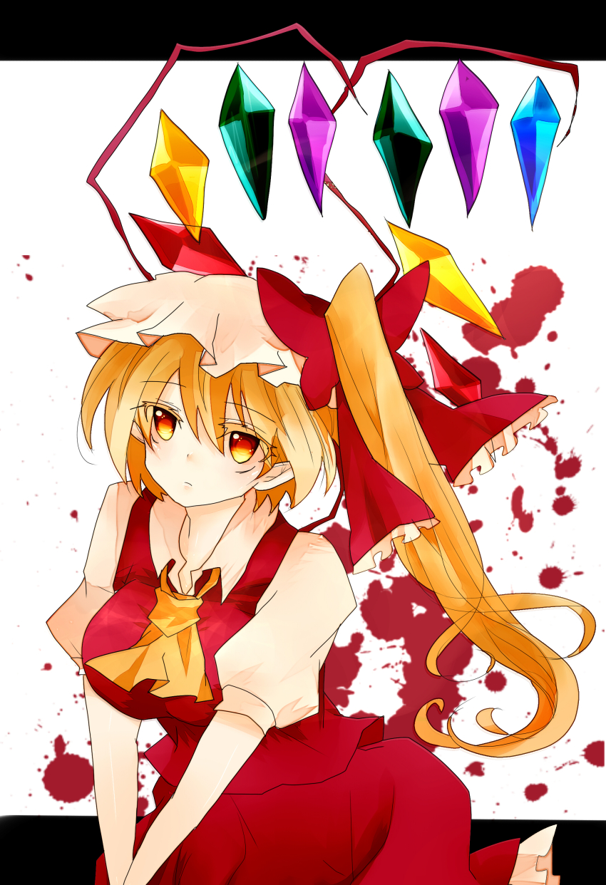 1girl absurdres aged_up alternate_eye_color ascot blonde_hair breasts colored_eyelashes crystal dress female_focus flandre_scarlet gradient_eyes hat hat_ribbon highres large_breasts letterboxed looking_away multicolored_eyes own_hands_clasped own_hands_together pointy_ears red_dress ribbon side_ponytail skirt skirt_set solo take_no_ko touhou wings
