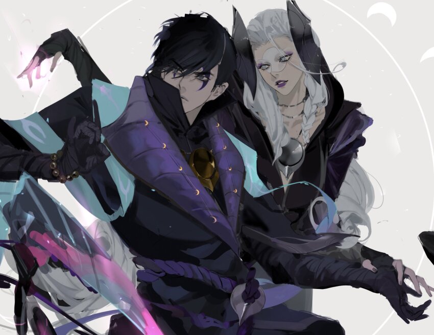 1boy 1girl alune_(league_of_legends) aphelios bead_bracelet beads black_hair blue_eyes bracelet braid breasts brother_and_sister cleavage closed_mouth colored_lapels crescent crescent_facial_mark eyeliner facial_mark facial_tattoo fingerless_gloves gloves grey_background high_collar highres jewelry khopesh lapels league_of_legends lipstick long_hair looking_at_another makeup parted_lips purple_eyeliner purple_lips purple_sash sash short_hair siblings single_bracelet stole tattoo tie_(yoooeeeeeeeeee) twins upper_body waist_sash white_hair