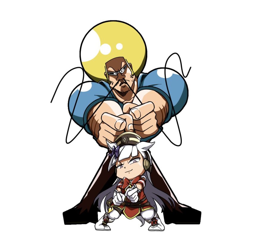 1boy 1girl afro animal_ears blonde_hair blue_shirt blunt_bangs bobobo-bo_bo-bobo bobobo-bo_bo-bobo_(character) boots bow bowtie brown_eyes brown_headwear brown_pants closed_mouth commentary_request crossover ear_bow facial_hair fingernails full_body glasses gloves gold_ship_(umamusume) horse_ears horse_girl horse_tail long_hair looking_at_viewer mustache nose_hair pants pillbox_hat pince-nez purple_bow red_bow red_bowtie shirt short_sleeves simple_background smile standing sunglasses tail toriken_(zzra4732) umamusume white-framed_eyewear white_background white_footwear white_gloves white_hair white_pants
