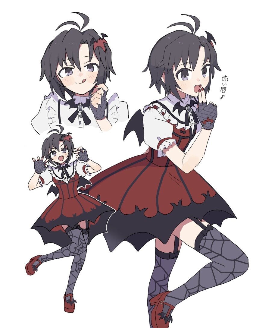 1girl antenna_hair bat_brooch bat_hair_ornament bat_ornament bat_wings black_hair blush claw_pose closed_mouth dress fake_wings fangs fingerless_gloves fishnet_gloves fishnets foot_out_of_frame frills full_body garter_straps gloves hair_ornament hands_up high_heels highres idolmaster idolmaster_(classic) idolmaster_2 kikuchi_makoto looking_at_viewer multiple_views my_dear_vampire_(idolmaster) nail_polish open_mouth pnt_0202 print_thighhighs puffy_short_sleeves puffy_sleeves red_dress red_nails red_shoes shoes short_hair short_sleeves simple_background smile spider_web_print standing standing_on_one_leg thighhighs tongue tongue_out white_background wings