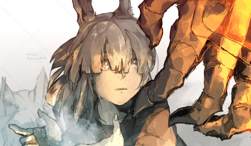 1boy 2025 2girls absurdres animal_ears arknights bright_pupils dated frostnova_(arknights) grey_eyes grey_hair highres looking_up multiple_girls patriot_(arknights) rabbit_ears rokunose size_difference solo_focus teeth twitter_username white_background white_pupils