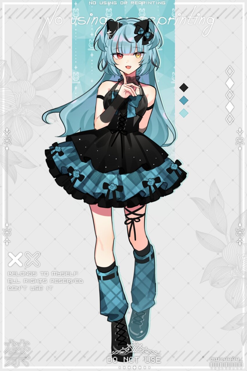 1girl alternate_costume black_dress black_footwear blue_hair blue_leg_warmers bow dress fang finger_to_own_chin hair_bow heterochromia highres leg_warmers nijisanji nijisanji_kr red_eyes ryu_hari sleeveless sleeveless_dress smile solo two_side_up virtual_youtuber waka_(wk4444) yellow_eyes