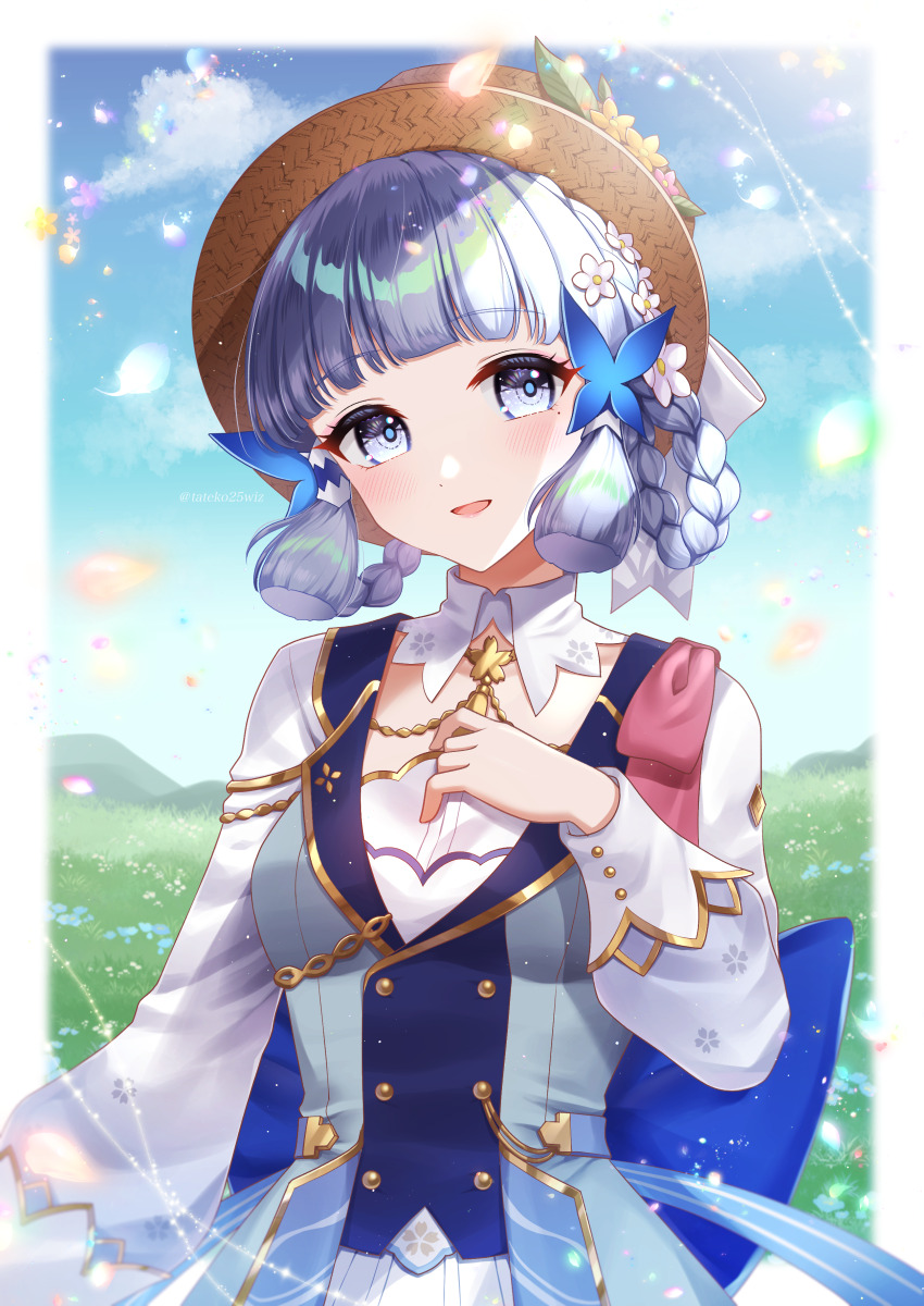 absurdres ayaka_(genshin_impact) blue_dress blue_flower blue_pupils blue_sky blunt_bangs blunt_tresses blush border braid braided_hair_rings breasts brown_hat butterfly_hair_ornament buttons cloud collar commentary_request day detached_collar dress falling_petals flower genshin_impact gold_trim grass grey_eyes grey_hair hair_flower hair_ornament hair_rings hand_up hat hat_flower hat_ornament hat_ribbon head_tilt highres kamisato_ayaka kamisato_ayaka_(springbloom_missive) leaf_hat_ornament long_hair long_sleeves medium_breasts mole mole_under_eye multicolored_dress neck_tassel official_alternate_costume official_alternate_hairstyle outdoors parted_lips petals puffy_long_sleeves puffy_sleeves ribbon sky smile tateko25wiz white_border white_collar white_flower white_ribbon yellow_flower